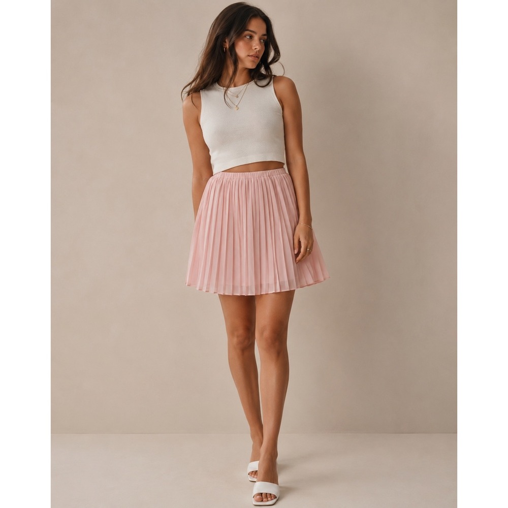Banana Republic Pink Pleated Mini Skirt Elastic Waist L Accordion Chiffon Style